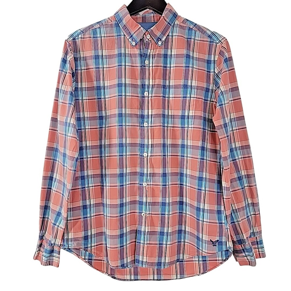American Eagle Men's Button Down Shirt Medium Plaid Long Sleeve Logo Casual